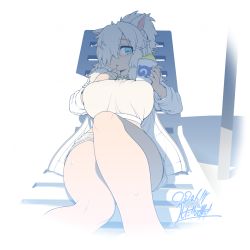 Rule 34 | 1girl, alpaca ears, alpaca suri (kemono friends), alternate breast size, alternate costume, animal ears, bare legs, beach chair, beach umbrella, blue eyes, breasts, cardigan, cup, dated, extra ears, feet out of frame, foreshortening, hair over one eye, highres, holding, holding cup, horizontal pupils, huge breasts, impossible clothes, japari symbol, kemono friends, knee up, knees together feet apart, long hair, long sleeves, looking at viewer, lying, midriff, on back, open cardigan, open clothes, parted bangs, parted lips, shade, shorts, sidelocks, signature, solo, sweat, tank top, triangle mouth, umbrella, white hair, yoshida hideyuki