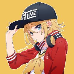Rule 34 | 1girl, baseball cap, blonde hair, blue eyes, child, female focus, flat chest, hair ornament, hairclip, hat, headphones, headphones around neck, highres, jersey, kagamine rin, looking at viewer, official art, out of frame, red sweater, sailor collar, sawashi (ur-sawasi), school uniform, serafuku, shirt, sideways glance, solo, sweater, swept bangs, vocaloid, white serafuku, white shirt, yellow nail polish, yellow nails