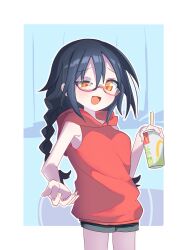 Rule 34 | 1girl, black hair, black shorts, blue background, blush, border, braid, breasts, commentary request, drink, furrowed brow, glasses, highres, holding, holding drink, hood, hood down, hoodie, long hair, looking at viewer, low twin braids, mcdonald&#039;s, medium breasts, null-meta, open mouth, orange eyes, outside border, outstretched hand, package (kazama0819), raised eyebrows, red hoodie, short shorts, shorts, sleeveless, sleeveless hoodie, smile, smug, solo, souen chiaki, standing, twin braids, uneven eyes, white border