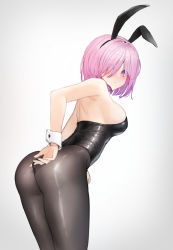 Rule 34 | 1girl, absurdres, adjusting clothes, animal ears, ass, bare arms, bare shoulders, black hairband, black leotard, black pantyhose, blush, breasts, closed mouth, commentary, commission, cp (tlstjdghek), embarrassed, english commentary, fake animal ears, fate/grand order, fate (series), from behind, frown, hair over one eye, hairband, highres, leaning forward, leotard, looking at viewer, looking back, mash kyrielight, medium breasts, pantyhose, pink hair, pixiv commission, playboy bunny, purple eyes, rabbit ears, short hair, sideboob, simple background, solo, white background, wrist cuffs