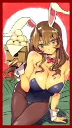 Rule 34 | 10s, 1girl, animal ears, ashigara (kancolle), bow, bowtie, breasts, brown eyes, brown hair, cleavage, detached collar, dumpling, fake animal ears, food, food-themed clothes, full moon, hairband, kantai collection, large breasts, leotard, long hair, moon, multiple girls, nonco, pantyhose, playboy bunny, rabbit ears, wrist cuffs