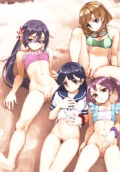Rule 34 | 10s, 4girls, akebono (kancolle), arimura yuu, beach, bell, bikini, black hair, bottomless, breasts, brown hair, cleavage, cleft of venus, female pubic hair, flower, goggles, goggles around neck, gradient background, hair bell, hair flower, hair ornament, highres, jingle bell, kantai collection, light smile, long hair, looking at viewer, lying, multiple girls, oboro (kancolle), on back, ponytail, pubic hair, purple eyes, purple hair, pussy, sazanami (kancolle), short hair, sitting, small breasts, spread legs, swimsuit, twintails, uncensored, ushio (kancolle)