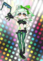 Rule 34 | 1girl, belt, boots, breasts, cameltoe, dotted background, earrings, full body, gloves, hand on own hip, hat, high heel boots, high heels, highres, jewelry, koharu2.5, marie (splatoon), midriff, navel, nintendo, open mouth, outstretched arm, pigeon-toed, pointy ears, skirt, solo, splatoon (series), splatoon 1, splatoon 2, stomach tattoo, studded belt, sunglasses removed, tattoo, tentacle hair, thong, underboob, white hair, witch hat, yellow eyes