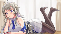 Rule 34 | 1girl, ahoge, black pantyhose, blue eyes, blue necktie, blush, book, breasts, closed mouth, collared shirt, kantai collection, large breasts, long hair, lying, mayura (lucadia), necktie, on stomach, open book, pantyhose, pleated skirt, reading, shirt, silver hair, skirt, sleeveless, sleeveless shirt, smile, solo, the pose, washington (kancolle), white shirt, white skirt