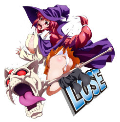 Rule 34 | 1girl, aq interactive, arcana heart, ass, atlus, boots, breasts, butt crack, covered erect nipples, defeat, examu, full body, glasses, hat, holding, huge breasts, long hair, no bra, open mouth, panties, puffy nipples, raven (artist), red hair, screaming, simple background, skull, staff, tearing clothes, torn clothes, underwear, very long hair, white background, white panties, witch hat, yasuzumi yoriko