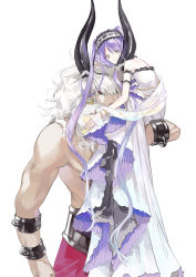 Rule 34 | 1boy, 1girl, asterios (fate), bare shoulders, carrying, dress, earrings, euryale (fate), fate/grand order, fate/hollow ataraxia, fate (series), frills, grey hair, hairband, horns, jewelry, long hair, purple eyes, purple hair, red eyes, topless, twintails, very long hair