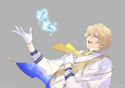 Rule 34 | 1boy, :d, blonde hair, blue eyes, buttons, capelet, collared shirt, copyright notice, double-breasted, epaulettes, glass slipper, gloves, gold trim, grey background, grey shirt, hand on own chest, holostars, jacket, kishido temma, looking at object, looking up, male focus, necktie, official art, open mouth, outstretched hand, sash, senzaki makoto, shirt, short hair, shoulder sash, simple background, smile, solo, teeth, twitter username, two-sided fabric, upper body, upper teeth only, virtual youtuber, white capelet, white gloves, white jacket, yellow necktie