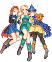 Rule 34 | 3girls, alena (dq4), ass, backpack, bag, barbara (dq6), bed sheet, belt, bent over, bianca (dq5), black legwear, blonde hair, blue eyes, blunt bangs, blush, boots, braid, breast hold, breasts, cape, choker, collarbone, covered erect nipples, curly hair, dragon quest, dragon quest iv, dragon quest v, dragon quest vi, dress, earrings, elbow gloves, female focus, gloves, hair over shoulder, hand on own chest, hat, high ponytail, jewelry, large breasts, long hair, looking back, lying, multiple girls, no bra, open mouth, orange hair, panties, panties under pantyhose, pantyhose, red eyes, red hair, single braid, square enix, st.germain-sal, top-down bottom-up, underwear