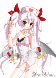 Rule 34 | 1girl, azur lane, bandaid, bandaid on hand, bare shoulders, bat wings, bikini, bikini top only, black bikini, black panties, blush, breasts, cleavage, closed mouth, commentary request, dress, fang, fang out, finger to mouth, garter straps, grey wings, hair ribbon, hands up, hat, heart, highres, hikaru6382, holding, holding syringe, index finger raised, long hair, low wings, medium breasts, metal wings, nurse, nurse cap, panties, red eyes, red ribbon, ribbon, see-through, silver hair, simple background, sleeveless, sleeveless dress, smile, solo, swimsuit, syringe, thighhighs, twintails, twitter username, underwear, vampire (azur lane), vampire (little devil in white) (azur lane), very long hair, white background, white dress, white hat, white thighhighs, wings