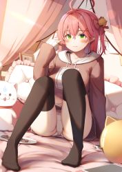 Rule 34 | 1girl, 35p (sakura miko), absurdres, ahoge, bell, black thighhighs, blush, bow, brown hoodie, closed mouth, drawstring, food, frilled pillow, frills, full body, green eyes, hair bell, hair between eyes, hair bow, hair ornament, hand up, highres, hololive, hood, hood down, hoodie, jingle bell, knees up, long hair, long sleeves, looking at viewer, no shoes, nyan (reinyan 007), on bed, one side up, panties, pantyshot, pillow, pink hair, plate, red bow, sakura miko, sitting, sleeves past wrists, solo, thighhighs, thighs, underwear, virtual youtuber, white panties, x hair ornament