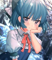 Rule 34 | 1girl, bare tree, blue bow, blue dress, blue eyes, blue hair, blurry, blurry background, blush, bow, cirno, commentary request, dress, frilled shirt collar, frills, hair between eyes, hair bow, hand on own cheek, hand on own face, hand up, highres, ice, ice wings, light particles, looking at viewer, masanaga (tsukasa), neck ribbon, pinafore dress, red ribbon, ribbon, shirt, short hair, sleeveless dress, snow, solo, tears, touhou, tree, upper body, white shirt, wings