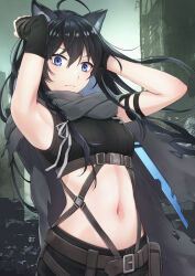 Rule 34 | 1girl, ahoge, animal ears, armlet, armpits, bare shoulders, belt, black gloves, black hair, black scarf, black shirt, black shorts, blue eyes, braid, braided sidelock, breasts, cat ears, closed mouth, commission, copyright request, crop top, elbow sleeve, gloves, highres, kanden sky, long hair, looking at viewer, medium breasts, navel, outdoors, pixiv commission, ribbon, scarf, shirt, shorts, sleeveless turtleneck crop top, virtual youtuber, white ribbon