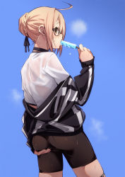 Rule 34 | 1girl, ahoge, artoria pendragon (fate), ass, bike shorts, black-framed eyewear, black choker, black shorts, blonde hair, braid, choker, dripping, eating, fate/grand order, fate (series), food, food in mouth, french braid, from behind, fu-ta, glasses, hair ribbon, holding, holding food, jacket, looking back, mysterious heroine x alter (fate), mysterious heroine x alter (second ascension) (fate), open clothes, open jacket, popsicle, pussy, ribbon, see-through, semi-rimless eyewear, shirt, shorts, solo, spread pussy, sweat, track jacket, under-rim eyewear, white shirt, yellow eyes