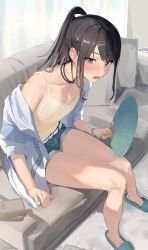 Rule 34 | 1girl, absurdres, bare legs, black hair, blush, collarbone, couch, denim, denim shorts, flat chest, hand fan, highres, holding, holding fan, idolmaster, idolmaster shiny colors, indoors, jacket, jacket partially removed, kazano hiori, looking at viewer, on couch, paper fan, ponytail, purple eyes, short shorts, shorts, sitting, slippers, solo, sweatdrop, uouokuma