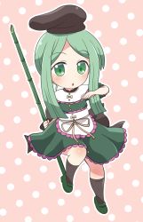 Rule 34 | 1girl, apron, bamboo, black hat, black socks, blush, bow, buttons, dress, full body, green dress, green eyes, green footwear, green hair, hat, highres, holding, kneehighs, parted lips, pink background, polka dot, polka dot background, rokugou daisuke, shoes, short hair with long locks, short sleeves, sidelocks, signature, socks, solo, teireida mai, touhou, waist apron, white apron, yellow bow