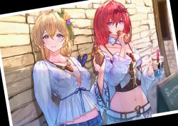 Rule 34 | 2girls, alternate costume, bare shoulders, blonde hair, blue eyes, breasts, brick wall, casual, cleavage, commentary request, cowboy shot, crop top, cup, denim, disposable cup, drinking straw, europa (granblue fantasy), eyebrows hidden by hair, godsworn alexiel, granblue fantasy, hair ornament, holding, holding cup, jeans, long hair, looking at viewer, medium breasts, midriff, multiple girls, navel, occa-key, outdoors, pants, parted lips, photo (object), picture frame, red hair, shirt, short hair, sideboob, standing, white shirt