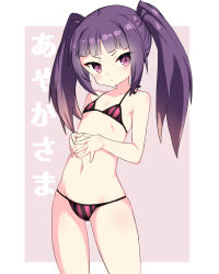 Rule 34 | 1girl, alice gear aegis, ben1shoga, bikini, breasts, hands on own stomach, highres, ichijou ayaka, long hair, looking at viewer, navel, own hands together, pink background, purple eyes, purple hair, simple background, small breasts, solo, stomach, striped bikini, striped clothes, swimsuit, thighs, twintails