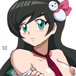 Rule 34 | 1girl, black hair, gomatarou (pixiv196136), goushou ai, green eyes, hero bank, lowres, nipples