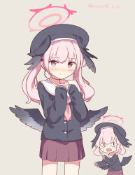 Rule 34 | 1girl, absurdres, beret, black headwear, black serafuku, black wings, blue archive, blush, closed mouth, commentary request, grey background, halo, hat, highres, koharu (blue archive), long sleeves, looking at viewer, low wings, neckerchief, pink eyes, pink hair, pink neckerchief, red halo, red skirt, school uniform, serafuku, short hair, short twintails, simple background, skirt, smile, twintails, twitter username, winged hat, wings, wreath (a1b2c3d45)