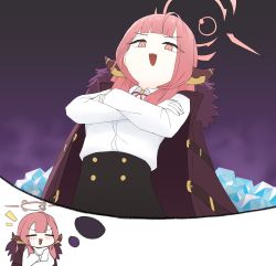 Rule 34 | 1girl, = =, absurdres, aru (blue archive), black skirt, blue archive, blush, coat, coat on shoulders, collared shirt, crossed arms, gem, gloves, halo, hand on own chin, highres, horns, kutsusama, long sleeves, looking at viewer, neck ribbon, open mouth, pink eyes, pink hair, purple coat, ribbon, shirt, skirt, solo, stroking own chin, thought bubble, white gloves, white shirt