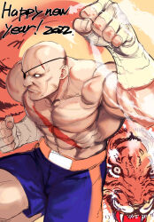 Rule 34 | 1boy, abs, arm up, bald, blank eyes, chinese zodiac, clenched hand, comparison, eyepatch, feet out of frame, fingerless gloves, gloves, highres, large pectorals, looking ahead, male focus, muscular, muscular male, no eyebrows, no nipples, pectorals, sagat, shorts, solo, street fighter, tetsu (kimuchi), tiger, topless male, wrestling outfit, year of the tiger