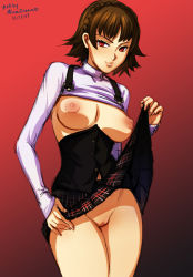 Rule 34 | 10s, 1girl, artist name, braid, breasts, brown hair, closed mouth, clothes lift, cowboy shot, large breasts, light smile, lips, long sleeves, looking at viewer, mina cream, niijima makoto, nipples, no panties, persona, persona 5, pussy, red eyes, school uniform, shirt, shirt lift, short hair, skirt, smile, solo, standing, turtleneck, uncensored