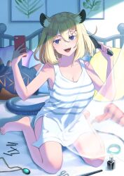 Rule 34 | 1girl, alternate costume, alternate eye color, animal ear fluff, animal ears, arknights, blonde hair, blue eyes, breasts, brushing hair, cleavage, curtains, fangs, hair dryer, hair ornament, hairclip, holding, holding brush, holding phone, jewelry, unworn jewelry, large breasts, memetaroh, nail polish bottle, necklace, unworn necklace, on bed, open mouth, phone, short hair, solo, tail, utage (arknights)