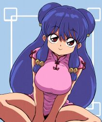 Rule 34 | 1girl, bell, blue hair, breasts, china dress, chinese clothes, closed mouth, double bun, dress, hair bell, hair bun, hair ornament, highres, large breasts, long hair, looking at viewer, musasi1218, ranma 1/2, shampoo (ranma 1/2), smile, solo