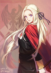 Rule 34 | 1girl, ascot, blonde hair, cape, dated, edelgard von hresvelg, fire emblem, fire emblem: three houses, gloves, hair ornament, hair ribbon, long hair, long sleeves, looking at viewer, nintendo, parted lips, purple eyes, red cape, ribbon, smile, solo, t keima, twitter username, uniform, very long hair, white gloves