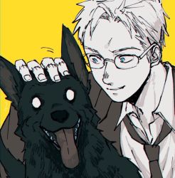 Rule 34 | 1boy, blue eyes, collared shirt, copyright request, dog, fingernails, glasses, grin, headpat, jacket, limited palette, male focus, necktie, petting, shirt, short hair, simple background, smile, solo, stitched fingers, tsunko (9v2 q), wing collar, yellow background