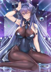 Rule 34 | 1girl, absurdres, arm strap, arm up, armpits, azur lane, bare shoulders, black pantyhose, blue eyes, blue hair, bodystocking, breasts, cleavage, covered navel, full body, gu li, hair between eyes, highres, large breasts, leotard, long hair, looking at viewer, new jersey (azur lane), new jersey (exhilarating steps!) (azur lane), official alternate costume, one eye closed, pantyhose, playboy bunny, rabbit pose, see-through, see-through cleavage, sitting, smile, solo, thighhighs, very long hair