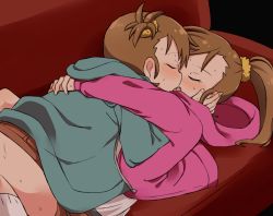 Rule 34 | blush, brown hair, couch, ear blush, closed eyes, french kiss, futami ami, futami mami, girl on top, highres, hood, hoodie, hug, idolmaster, idolmaster (classic), incest, kiss, long hair, long sleeves, lying, mizin kosutin, on back, on couch, open mouth, short hair, siblings, side ponytail, sisters, sweat, tongue, twincest, twins, yuri