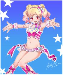 Rule 34 | 1girl, 2018, :d, aikatsu!, aikatsu! (series), armpits, blonde hair, blue background, blush, boots, border, bow, choker, crop top, floating hair, gradient hair, hair bow, hair ornament, heart, heart hair ornament, highres, kantaka, knee boots, long hair, midriff, multicolored hair, natsuki mikuru, navel, open mouth, outline, outstretched arms, pink hair, red bow, red eyes, red footwear, signature, smile, solo, stomach, twintails, white border, white choker, wrist cuffs