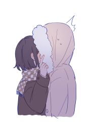Rule 34 | 1girl, 1other, akiyama mizuki, blush, brown hair, buttons, checkered clothes, checkered scarf, covered face, covering privates, highres, hood, hood up, hooded jacket, jacket, kiss, kyline, long sleeves, multiple girls, project sekai, scarf, shinonome ena, short hair, upper body, white background, winter clothes