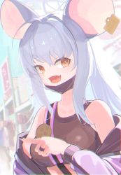 Rule 34 | 1girl, ahoge, animal ears, artist name, blue archive, city, crop top, dot nose, ear tag, fang, long hair, looking at viewer, mouse ears, mouse girl, open mouth, red eyes, saya (blue archive), saya (casual) (blue archive), tatara (alnath may)