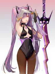 Rule 34 | 1girl, artist name, black leotard, breasts, brown pantyhose, closed mouth, covered navel, elbow gloves, genshin impact, gloves, gradient background, highres, keqing (genshin impact), leotard, long hair, looking at viewer, nail polish, nevercrymoon, pantyhose, purple eyes, purple hair, purple nails, single elbow glove, solo, twintails, very long hair, weapon