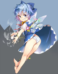 Rule 34 | 1girl, ass, bare legs, barefoot, blue eyes, blue hair, bow, cirno, dress, flower, from behind, full body, grin, hair bow, highres, looking back, messy hair, panties, ribbon, sankyaku tako, short hair, sideways mouth, simple background, smile, snowman, solo, striped clothes, striped panties, sunflower, touhou, underwear, wings