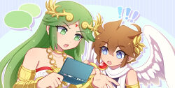 Rule 34 | !, !!, 1boy, 1girl, ahoge, ancient greek clothes, angel, angel wings, armlet, bare shoulders, blue eyes, brown hair, chiton, collarbone, derivative work, drop shadow, enni, forehead jewel, green hair, handheld game console, highres, holding, holding handheld game console, kid icarus, kid icarus uprising, laurel crown, long hair, looking at another, nintendo, nintendo 3ds, open mouth, palutena, pit (kid icarus), screencap redraw, wings