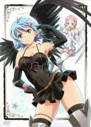 Rule 34 | 2girls, absurdres, alternate color, angel, angel wings, armpits, asymmetrical wings, bare shoulders, belt, black dress, black gloves, black wings, blue hair, boots, bottle, breasts, brown eyes, collarbone, contrapposto, cover, dress, elbow gloves, fallen angel nanael, female focus, gloves, green eyes, hachiel, halterneck, hand on own hip, highres, hip focus, holding, knee boots, legs, looking at viewer, milk, multiple girls, nanael (queen&#039;s blade), nanael (queen's blade), open hand, open mouth, pink hair, queen&#039;s blade, ribbon, rin-sin, short dress, short hair, sparkle, standing, thigh boots, thighhighs, thighs, white gloves, wings