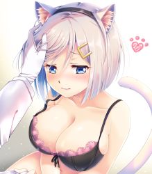 Rule 34 | 10s, 1girl, animal ears, bad id, bad pixiv id, black bra, blue eyes, blush, bra, breasts, cat ears, cat tail, cleavage, gloves, gradient background, haguda tofu (hakudatofu), hair ornament, hairband, hairclip, hamakaze (kancolle), hand on another&#039;s head, headpat, heart, kantai collection, large breasts, paw print, short hair, silver hair, solo focus, tail, underwear, wavy mouth