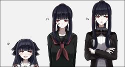 Rule 34 | 1girl, :o, age difference, age progression, akai ringo (eveyuno), black border, black bow, black bowtie, black hair, black serafuku, blunt bangs, border, bow, bowtie, breasts, collared shirt, crossed arms, expressionless, eyebrows, grey background, hair ornament, height difference, highres, large breasts, lina lesia, long hair, long sleeves, looking down, looking to the side, multiple views, neckerchief, open mouth, original, ponytail, red eyes, school uniform, serafuku, shirt, simple background, upper body, white background, white shirt, wing collar, x hair ornament