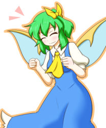 Rule 34 | 1girl, ^ ^, ascot, blue dress, blush, bow, breasts, clenched hands, closed eyes, collared shirt, commentary request, daiyousei, dress, fairy wings, green hair, hair bow, konokiya, outline, puffy short sleeves, puffy sleeves, shirt, short sleeves, side ponytail, simple background, smile, solo, touhou, white background, wings