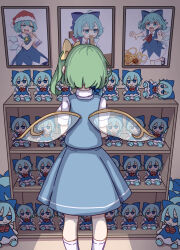 Rule 34 | 1girl, absurdres, blue skirt, blue vest, character doll, cirno, daiyousei, drawing (object), dress, fairy, fairy wings, from behind, fumo (doll), green hair, highres, kame (kamepan44231), kneehighs, long hair, one-hour drawing challenge, pinafore dress, shirt, short sleeves, side ponytail, skirt, sleeveless, sleeveless dress, socks, solo, touhou, vest, white shirt, white socks, wings
