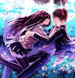 Rule 34 | 1boy, 1girl, air bubble, bbing, black hair, black jacket, black skirt, brown hair, bubble, couple, crying, crying with eyes open, eye contact, face-to-face, flower, freediving, gakuran, grey serafuku, hetero, highres, hug, jacket, juusan kihei bouei ken, kurabe juurou, lace, lace-trimmed legwear, lace-trimmed thighhighs, lace trim, long hair, looking at another, miniskirt, neckerchief, ocean, open clothes, open jacket, petals, petals on liquid, pleated skirt, purple neckerchief, red flower, red rose, rose, rose petals, sad, sailor collar, school uniform, serafuku, shirt, short hair, skirt, streaming tears, tears, thighhighs, tropical fish, underwater, white shirt, yakushiji megumi