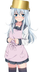 Rule 34 | apron, black skirt, black thighhighs, blue eyes, blush, closed mouth, hair between eyes, hibiki (kancolle), highres, index fingers together, kantai collection, kohakope, long hair, long sleeves, pleated skirt, pot on head, sailor collar, school uniform, serafuku, silver hair, simple background, skirt, solo, thighhighs, white background