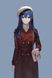 Rule 34 | 1girl, alternate costume, bag, blue eyes, blue hair, buttons, caeda (fire emblem), closed mouth, commentary, contemporary, english commentary, fire emblem, fire emblem: mystery of the emblem, fire emblem: shadow dragon, grey background, hair between eyes, handbag, hat, highres, jacket, long hair, long sleeves, looking at viewer, mik blamike, nintendo, pink bag, red jacket, simple background, solo, sweater, turtleneck, turtleneck sweater, white hat, white sweater