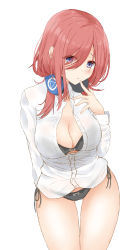 Rule 34 | 1girl, arm behind back, bare legs, black panties, blouse, blue eyes, bra, breasts, cleavage, collared shirt, go-toubun no hanayome, hair between eyes, headphones, highres, large breasts, legs together, looking at viewer, nakano miku, no pants, open clothes, open shirt, panties, red hair, shirt, shy, simple background, solo, standing, tan (kiriya0752), thighs, unbuttoned, underwear, white background, white shirt