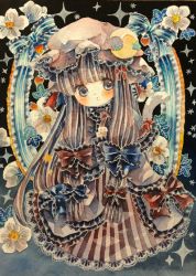Rule 34 | 1girl, :o, animal ears, ballpoint pen (medium), blunt bangs, blush, cat ears, cat girl, cat tail, crescent, dress, female focus, flower, food, frills, fruit, gradient background, hair ribbon, hands in opposite sleeves, hat, kemonomimi mode, lace, long hair, looking at viewer, millipen (medium), mob cap, niko (2ars), painting (medium), patchouli knowledge, paw pose, purple eyes, purple hair, ribbon, sidelocks, solo, star (sky), strawberry, striped clothes, striped dress, tail, touhou, traditional media, very long hair, watercolor (medium)