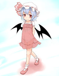 Rule 34 | 1girl, arms behind back, blue hair, child, closed mouth, eyebrows, fang, full body, hat, looking at viewer, madhand, mob cap, pink dress, pointy ears, polka dot, polka dot dress, red eyes, remilia scarlet, see-through, simple background, smile, solo, touhou, vampire, walking, white background, wings
