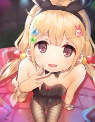 Rule 34 | 1girl, animal ears, bare shoulders, blonde hair, blush, bow, bowtie, brown eyes, rabbit hair ornament, commentary request, cowboy shot, detached collar, fake animal ears, fishnet pantyhose, fishnets, from above, futaba anzu, hair ornament, hairband, hairpin, idolmaster, idolmaster cinderella girls, kunugi miyaco, leotard, long hair, looking at viewer, low twintails, open mouth, pantyhose, playboy bunny, rabbit ears, red bow, sitting, solo, strapless, strapless leotard, twintails, v, wrist cuffs